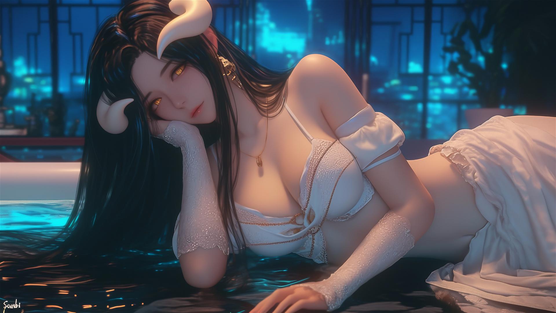 Albedo from Overlord in a modern hotel room tub, warm light, golden irises, split pupils, horns.