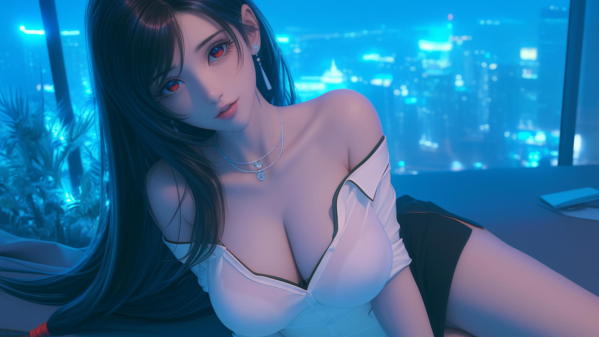 Tifa Lockhart kneeling in a neon-lit modern hotel room