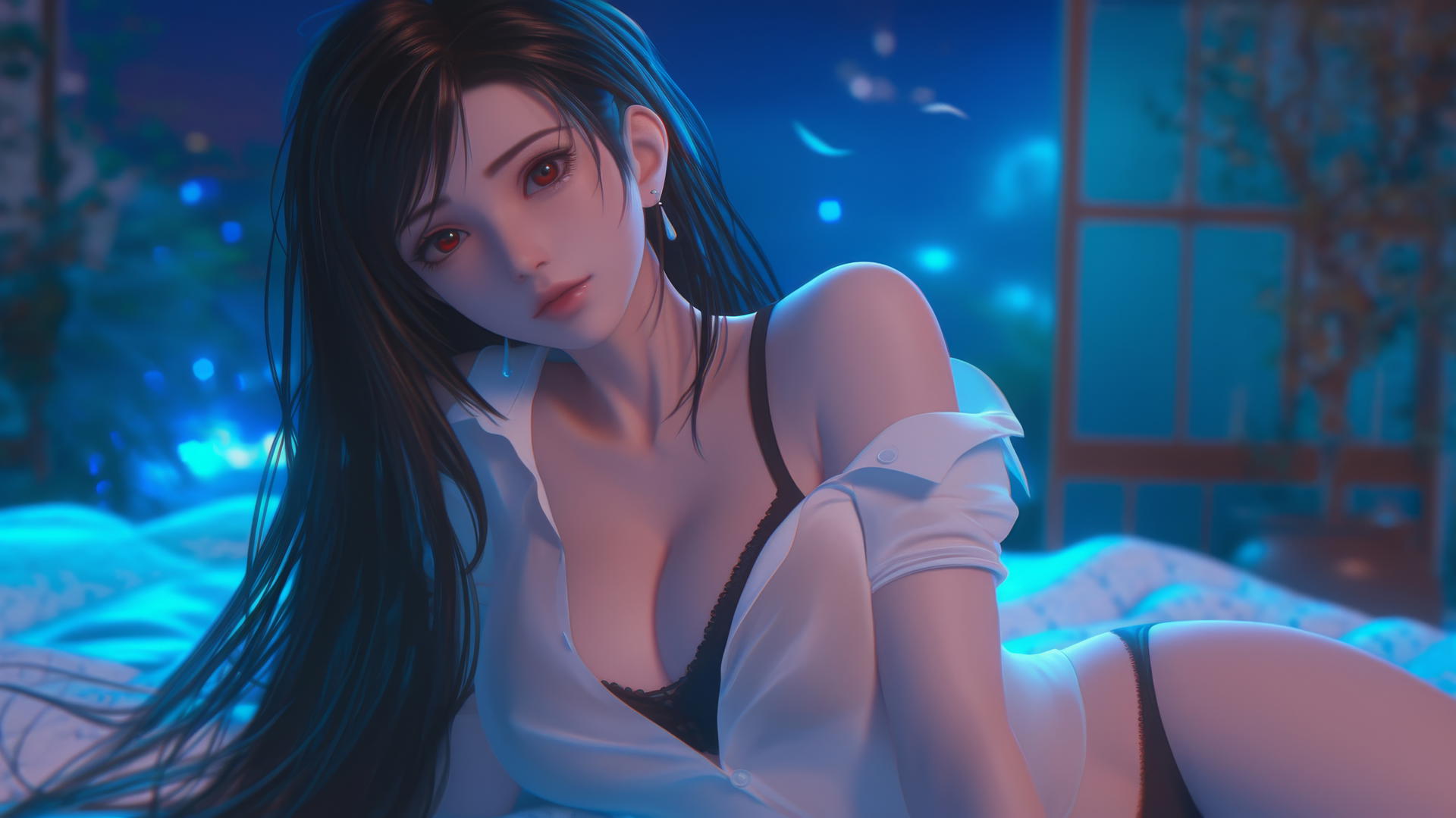 Tifa Lockhart kneeling in a modern hotel room with neon lighting.