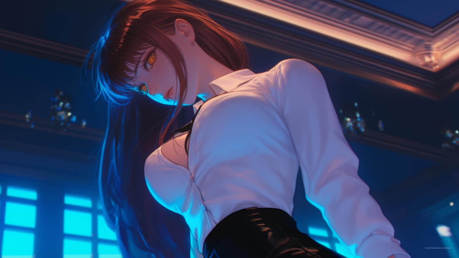 Makima from Chainsaw Man kneeling and looking down in a neon-lit modern hotel room