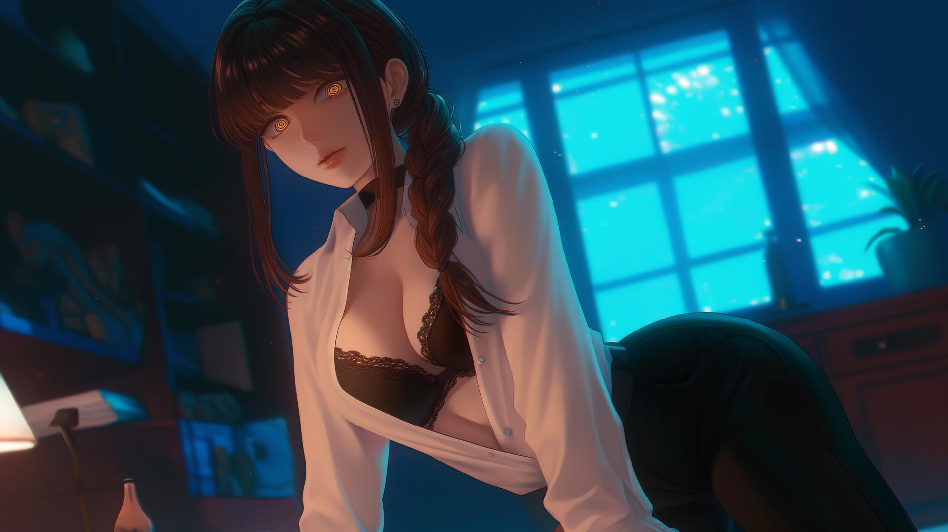 Makima from Chainsaw Man kneeling, looking down with neon hotel light glow.