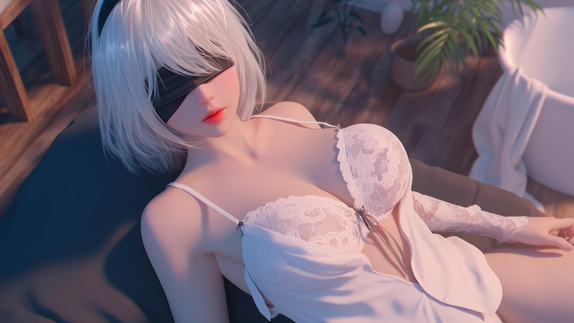 2B from Nier in a white shirt, looking up, blindfolded, in a neon-lit hotel room