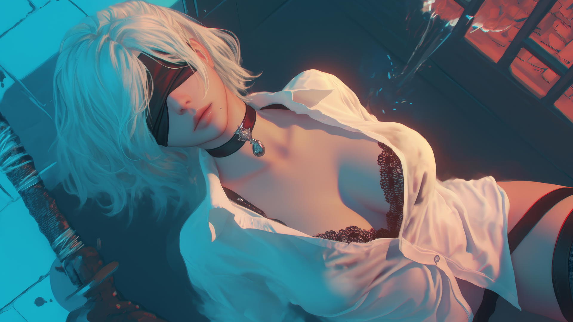 2B from Nier in a white office shirt, blindfolded, looking up with neon light glow