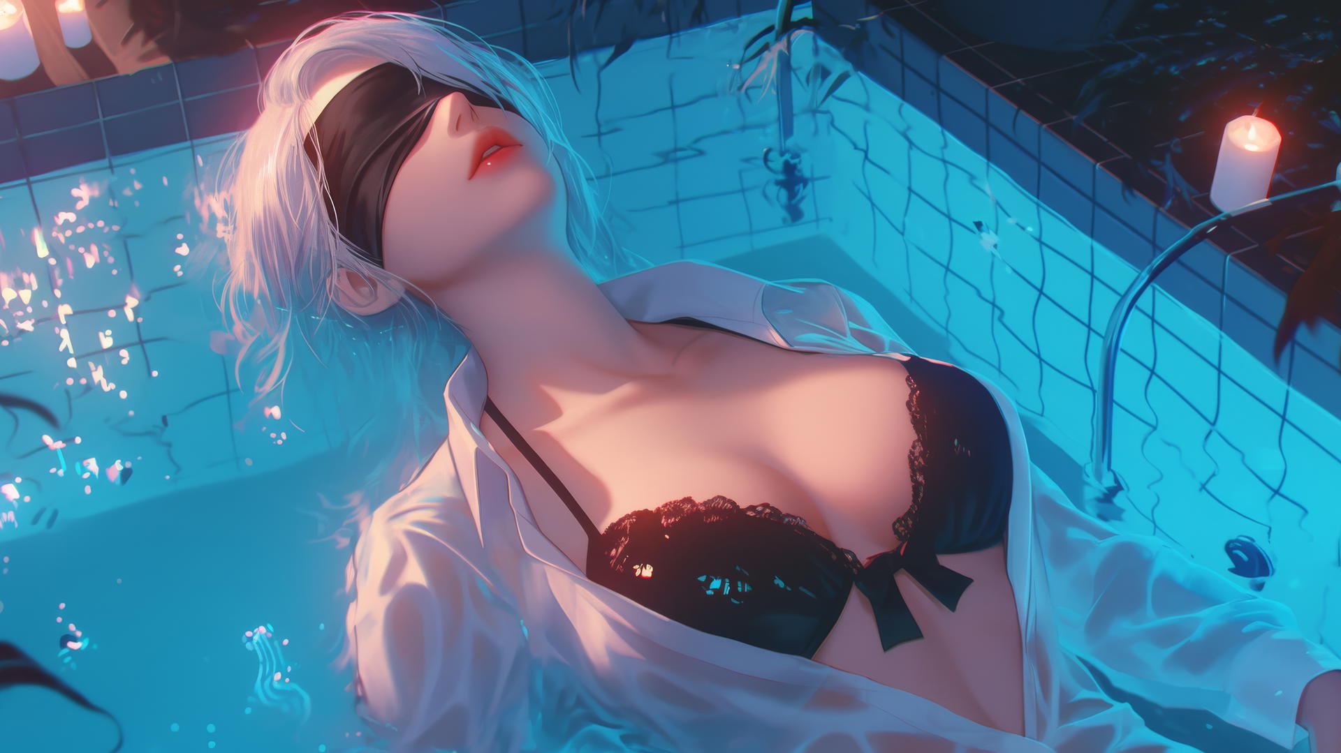 2B from Nier in white office shirt and blindfold in modern hotel room with neon light