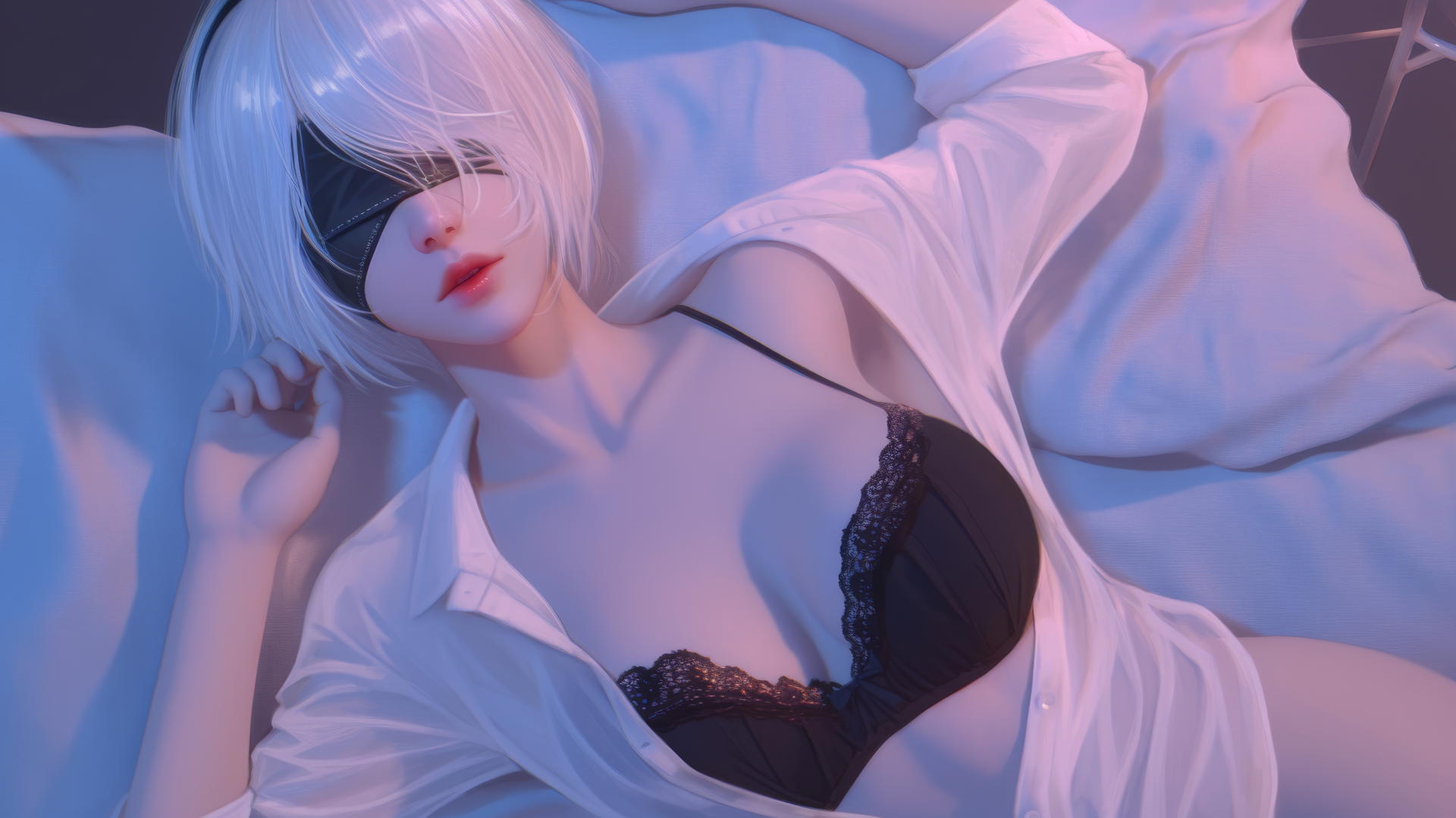 2B from Nier kneeling, wearing a white office shirt and black blindfold, looking up in a neon-lit hotel room.