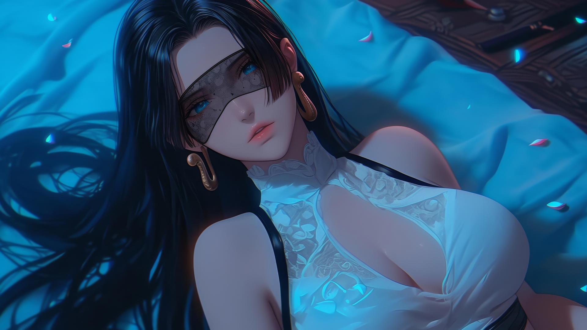 Boa Hancock kneeling, blindfolded with a black eye mask, neon-lit hotel room