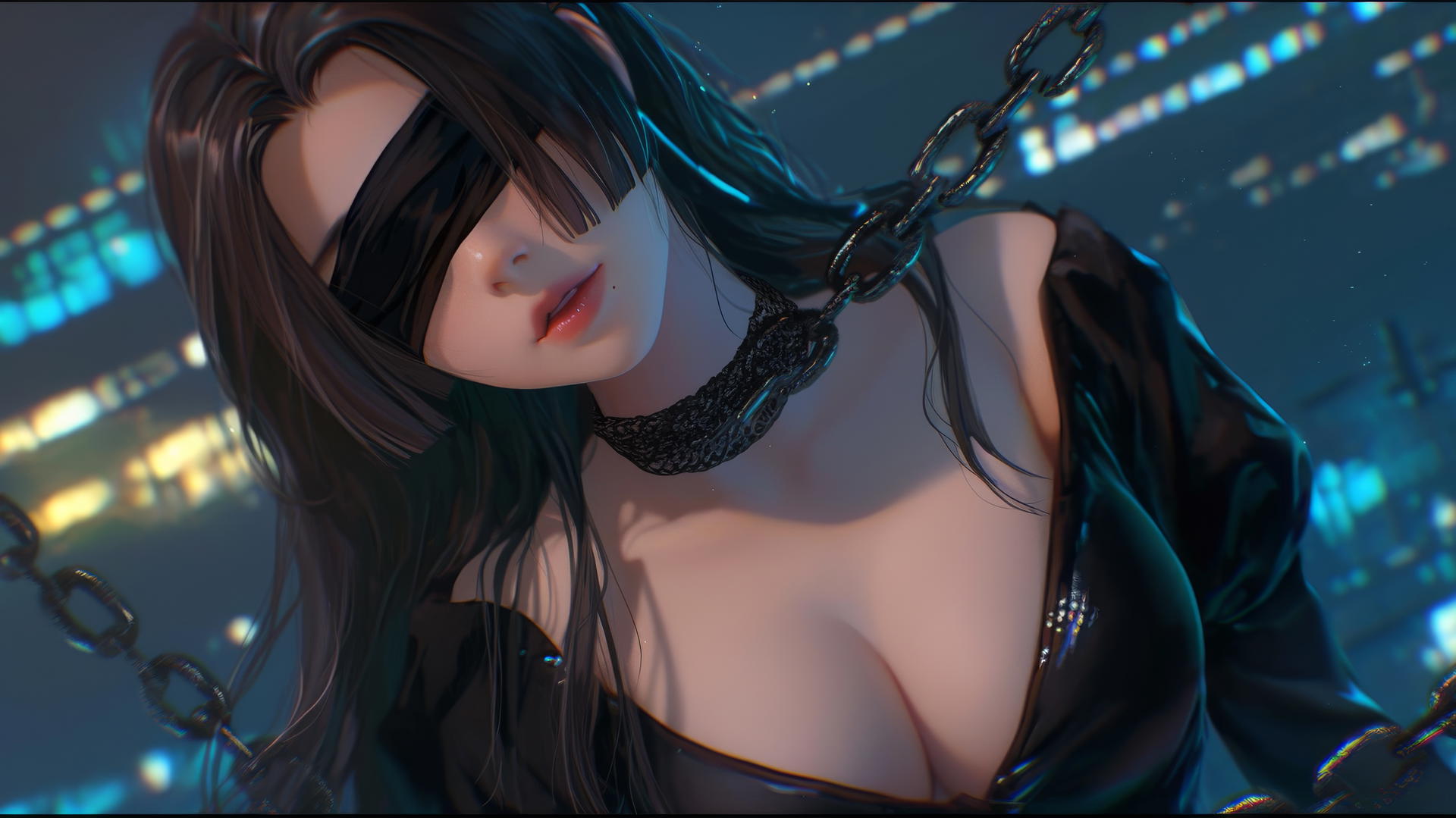Boa Hancock kneeling with a blindfold and chains in a modern hotel room