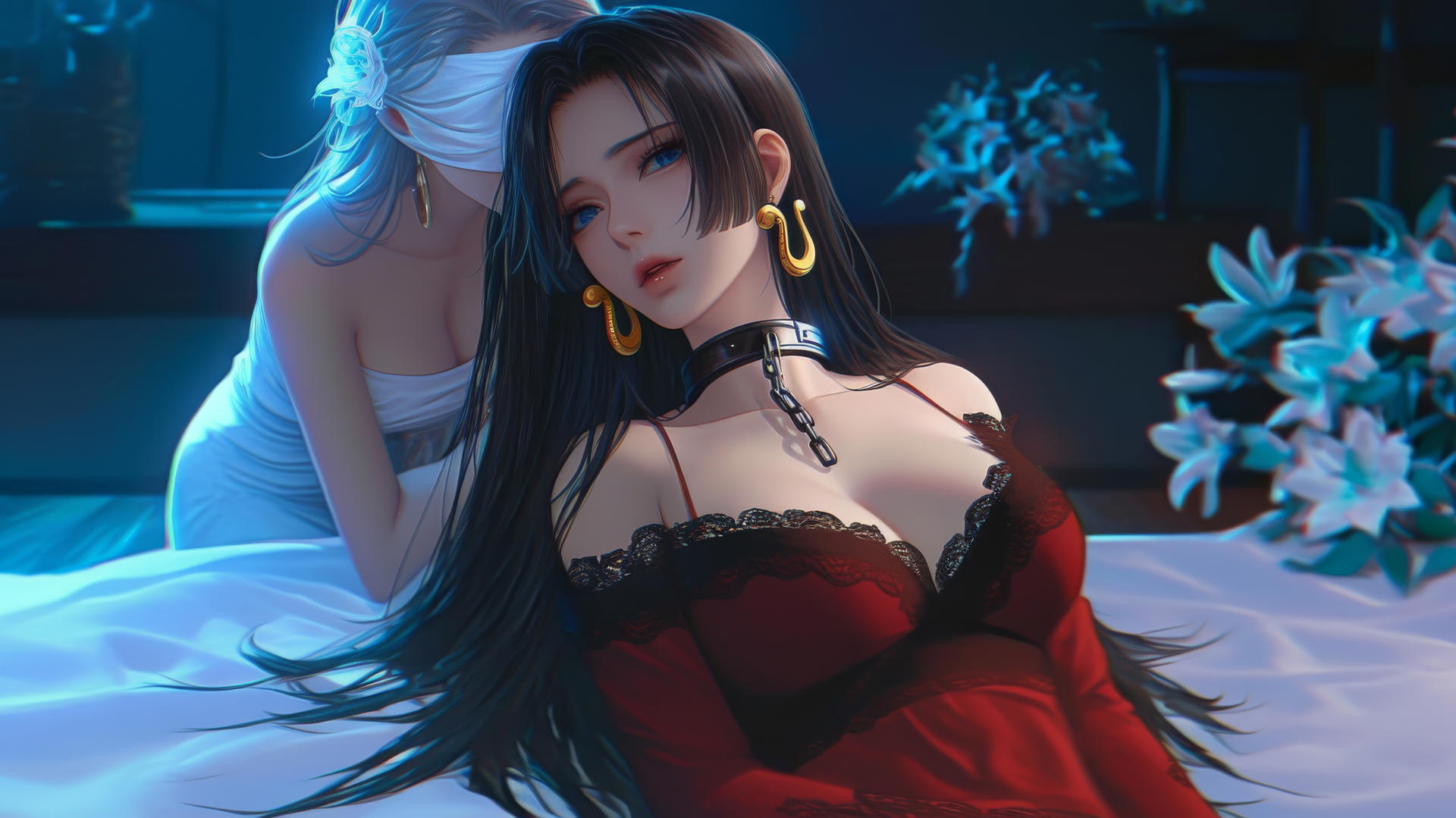 Boa Hancock from One Piece, kneeling in a modern hotel room with neon lights, wearing a red outfit and blindfold.