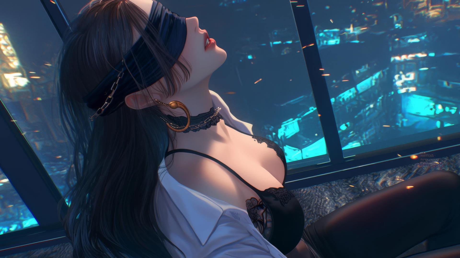 Blindfolded woman kneeling, facing up, in a neon-lit hotel room