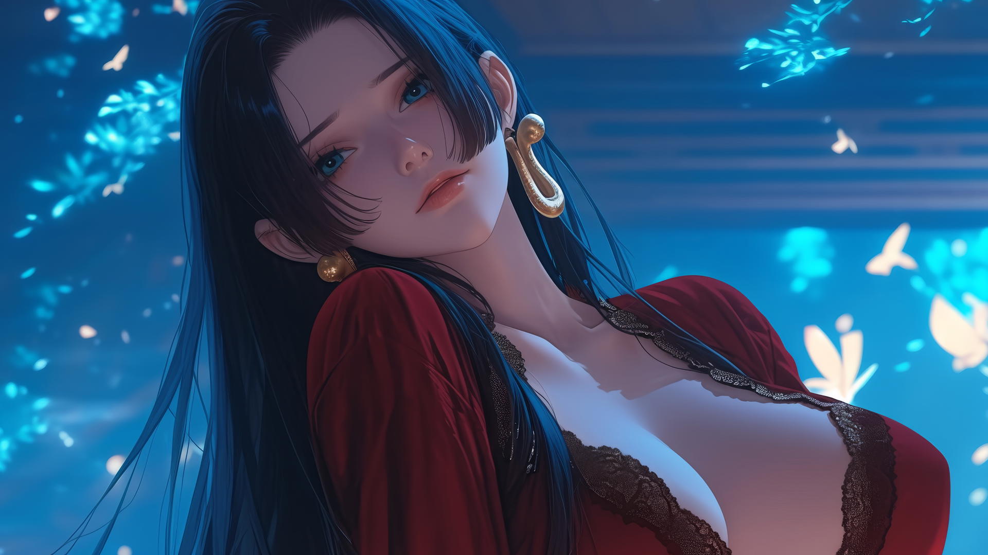 Boa Hancock in red from One Piece, kneeling and leaning forward under a neon-lit ceiling.