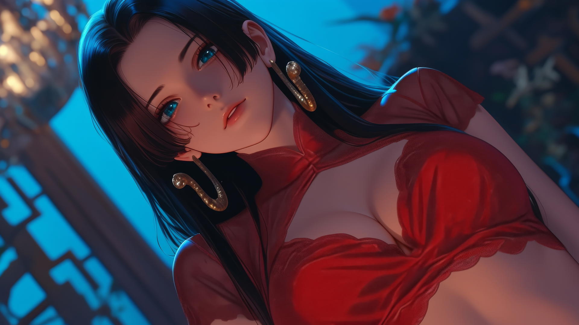 Boa Hancock from One Piece kneeling and looking down, with neon ceiling lights casting a glow on her.
