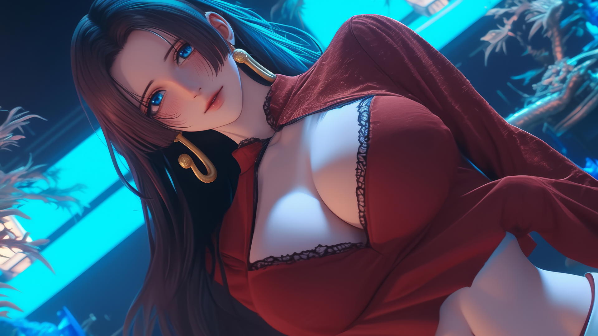 Boa Hancock from One Piece kneeling, leaning down with hands on shoulders, neon-lit ceiling background