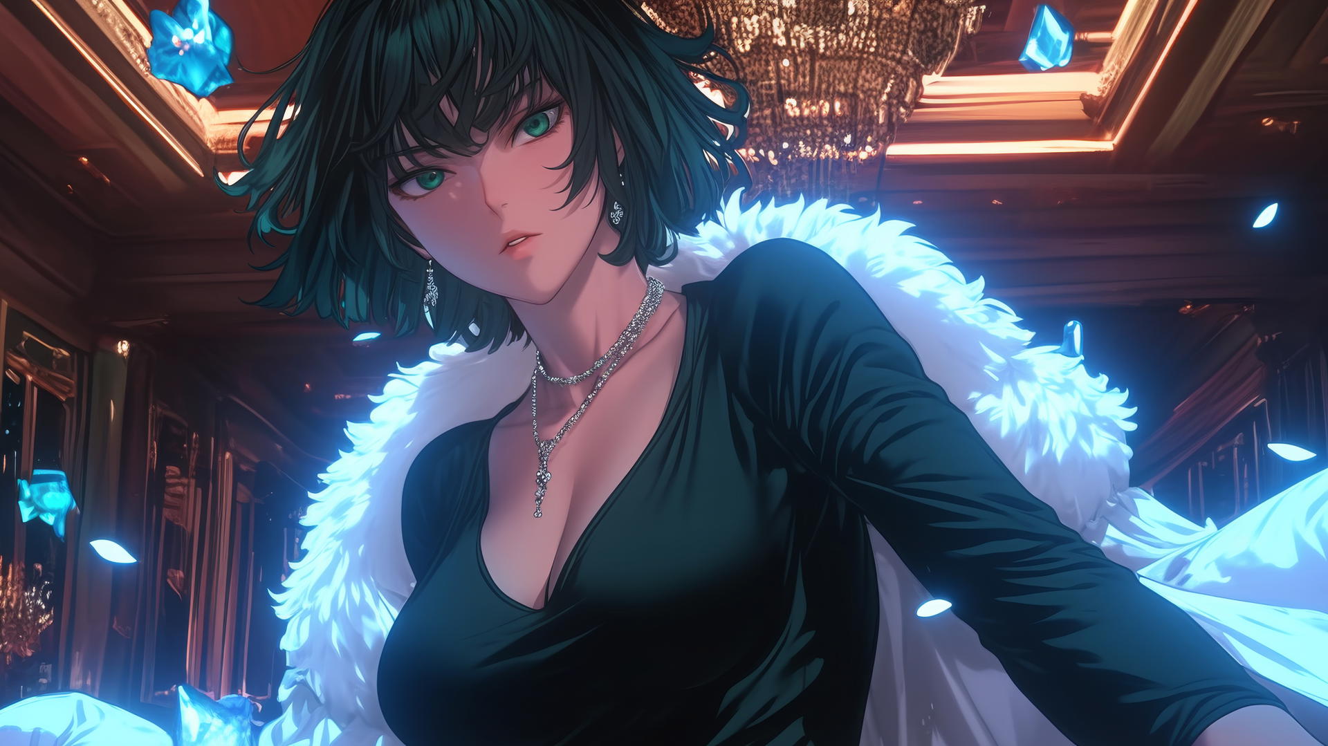 Fubuki from One Punch Man kneeling, looking down with a hotel ceiling in the background