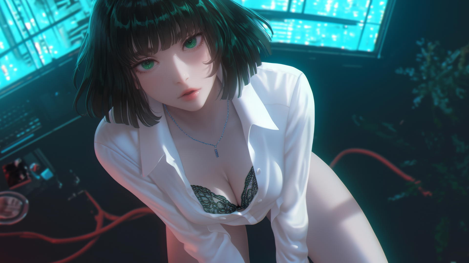 Fubuki from One Punch Man, kneeling in a neon-lit hotel room.