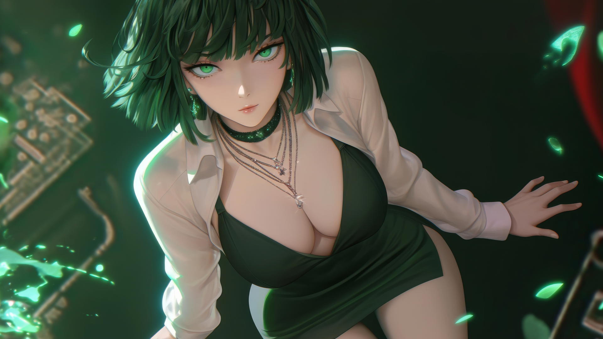 Fubuki from One Punch Man kneeling and looking up, in a neon-lit modern hotel room.