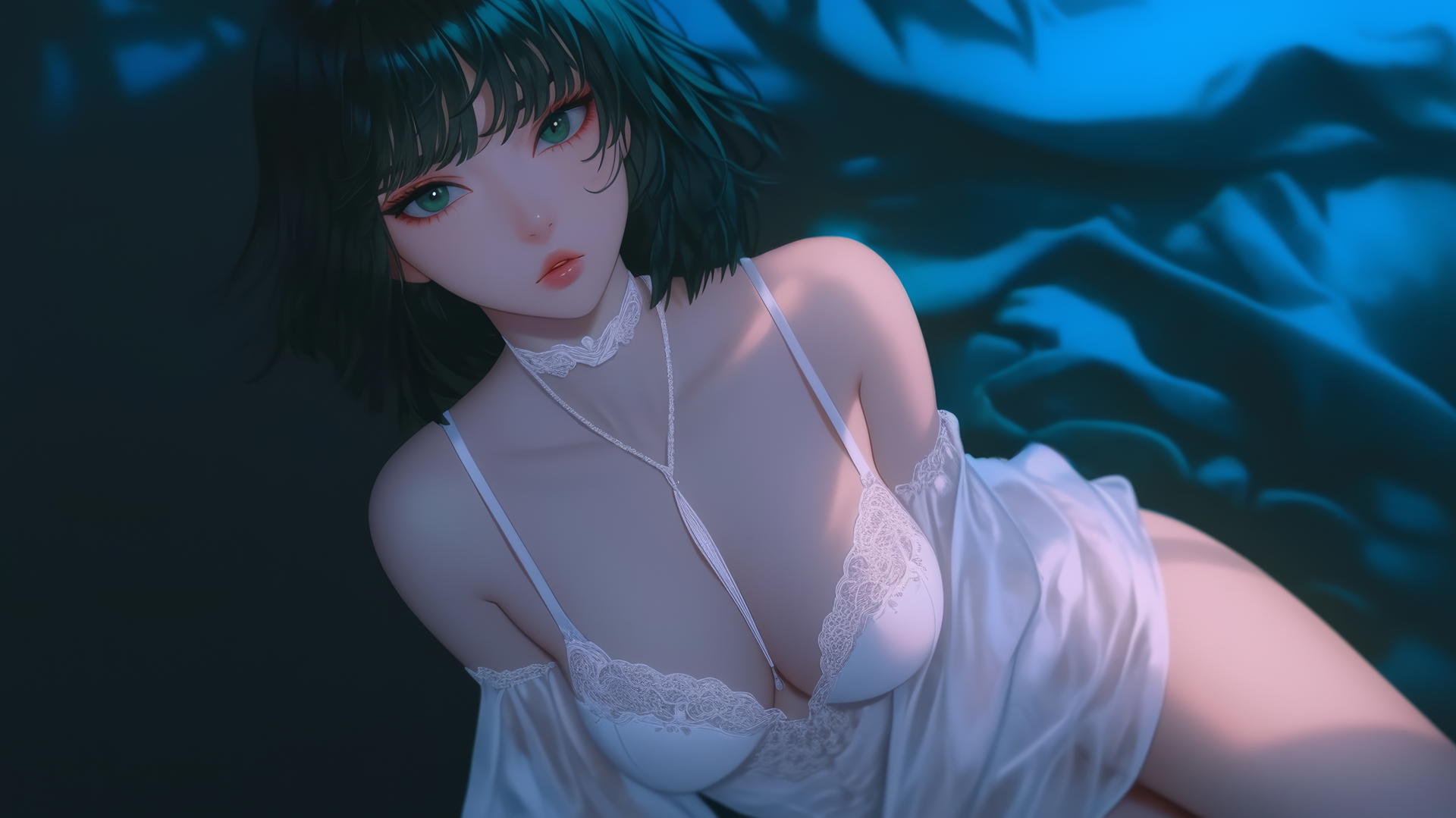 Fubuki from One Punch Man kneeling, looking up, in a modern hotel room with neon lighting.
