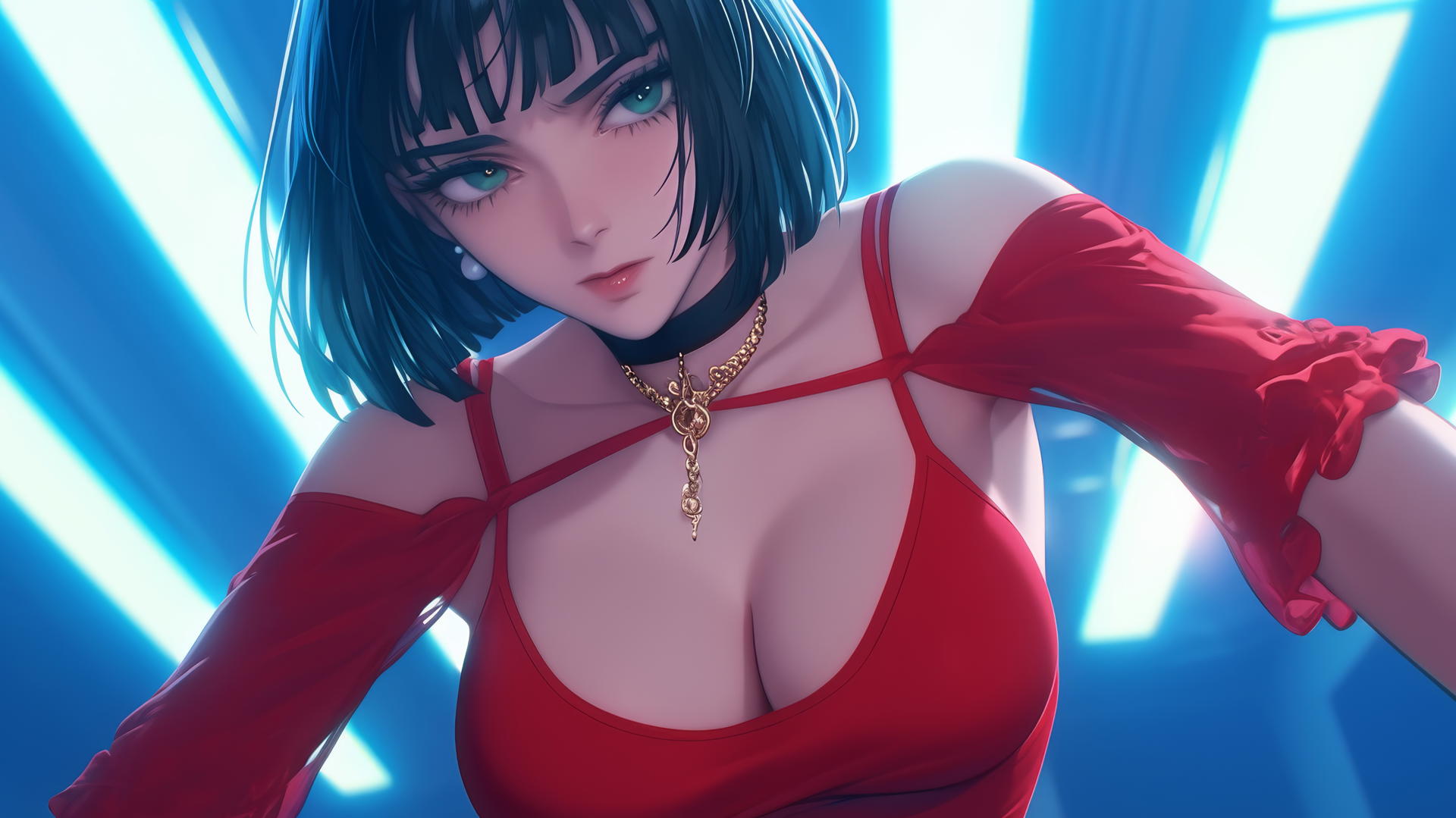 Fubuki from One Punch Man kneeling, dark green hair, neon-lit hotel ceiling