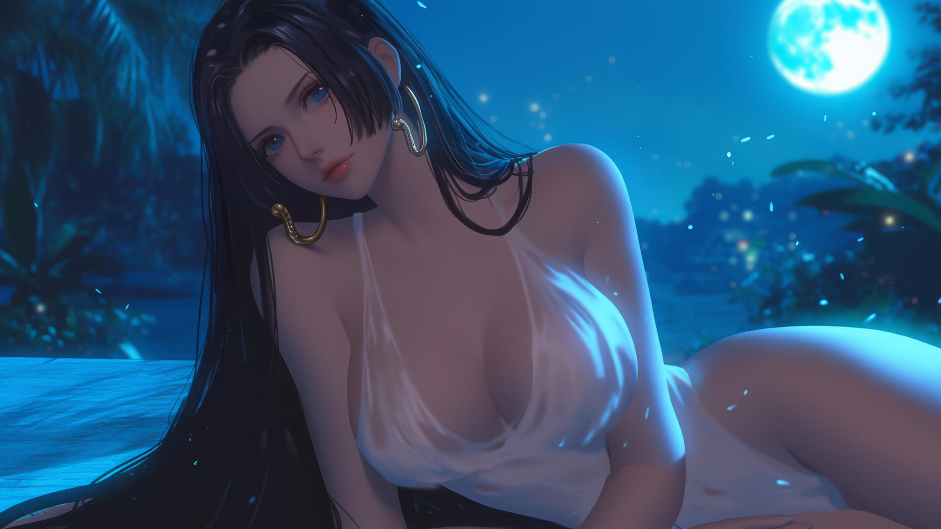Boa Hancock from One Piece resting in a modern hotel room with moonlight glow.