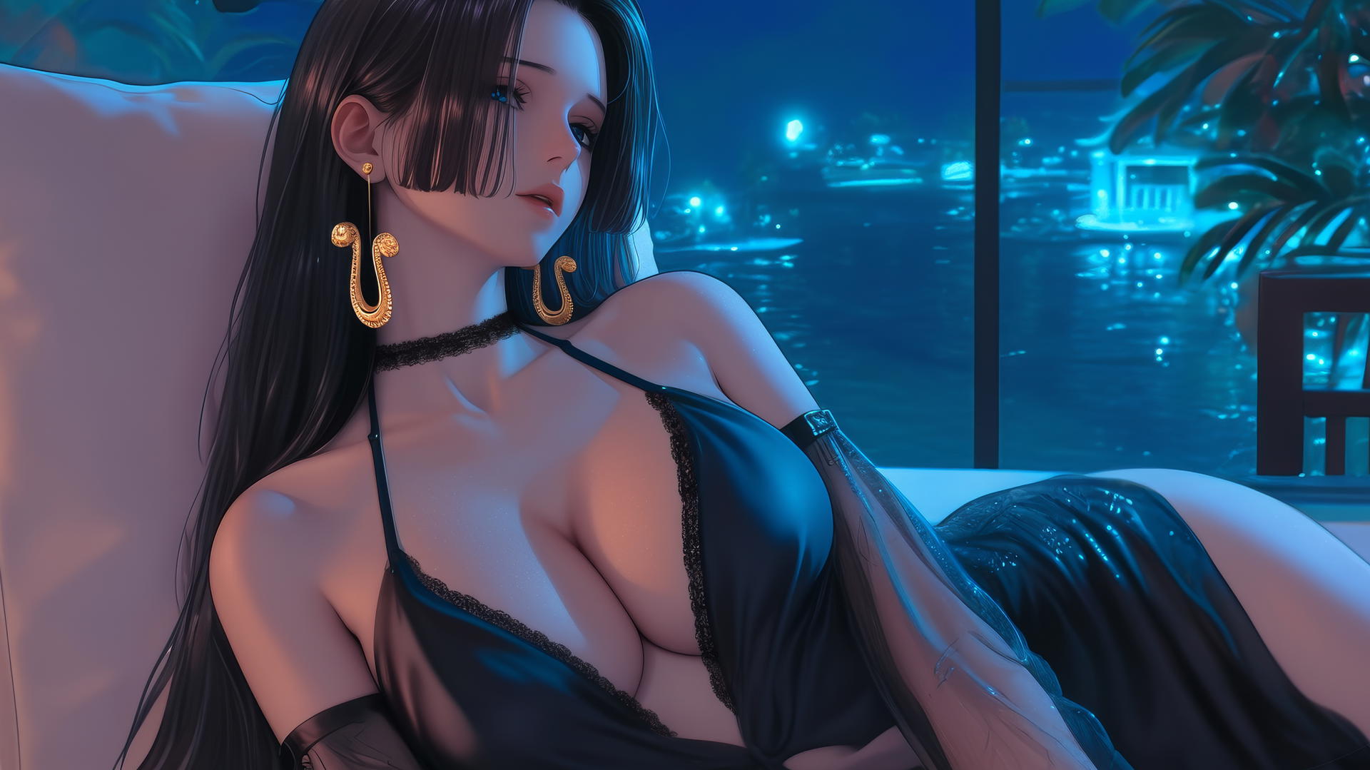 Boa Hancock from One Piece resting in a modern hotel room under moonlight
