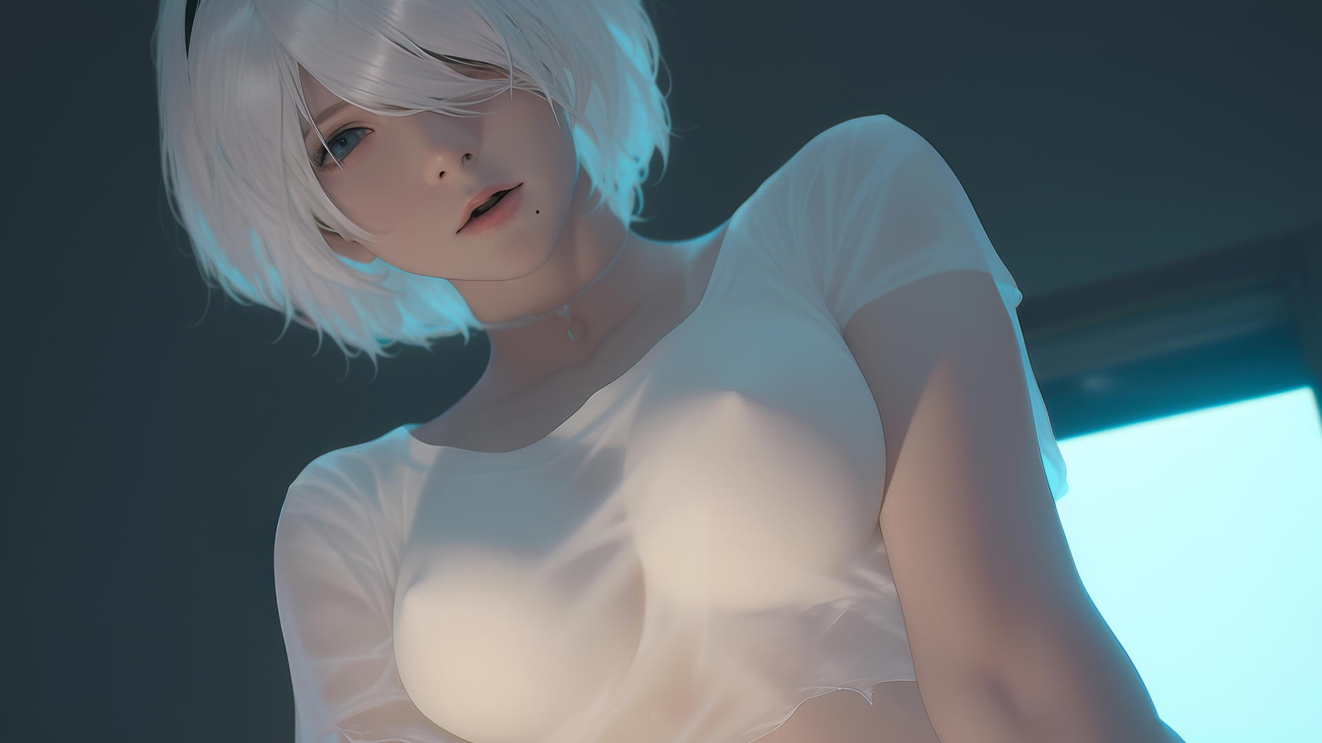 2B from Nier kneeling and leaning towards viewer under neon-lit hotel ceiling