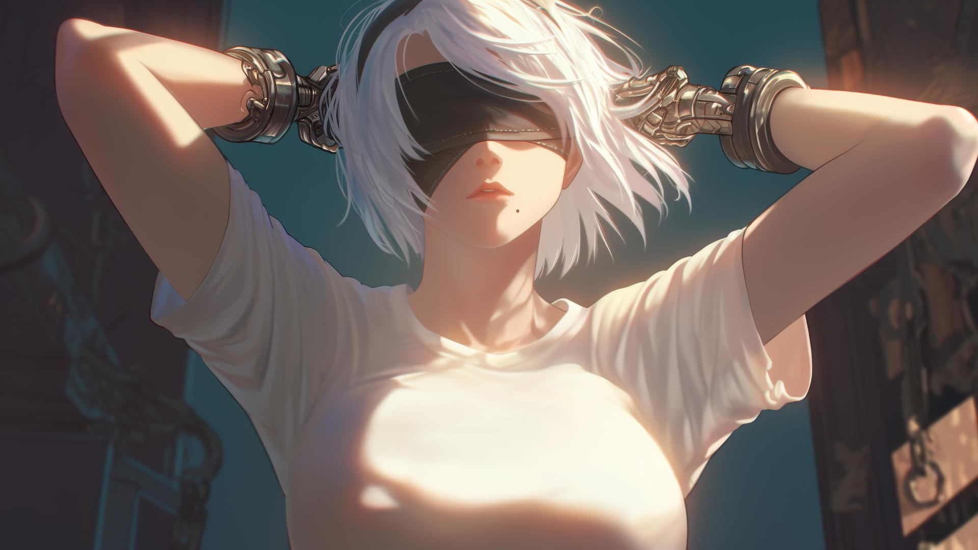 2B from Nier in a broken white t-shirt and blindfold, kneeling and looking down under neon-lit hotel ceiling