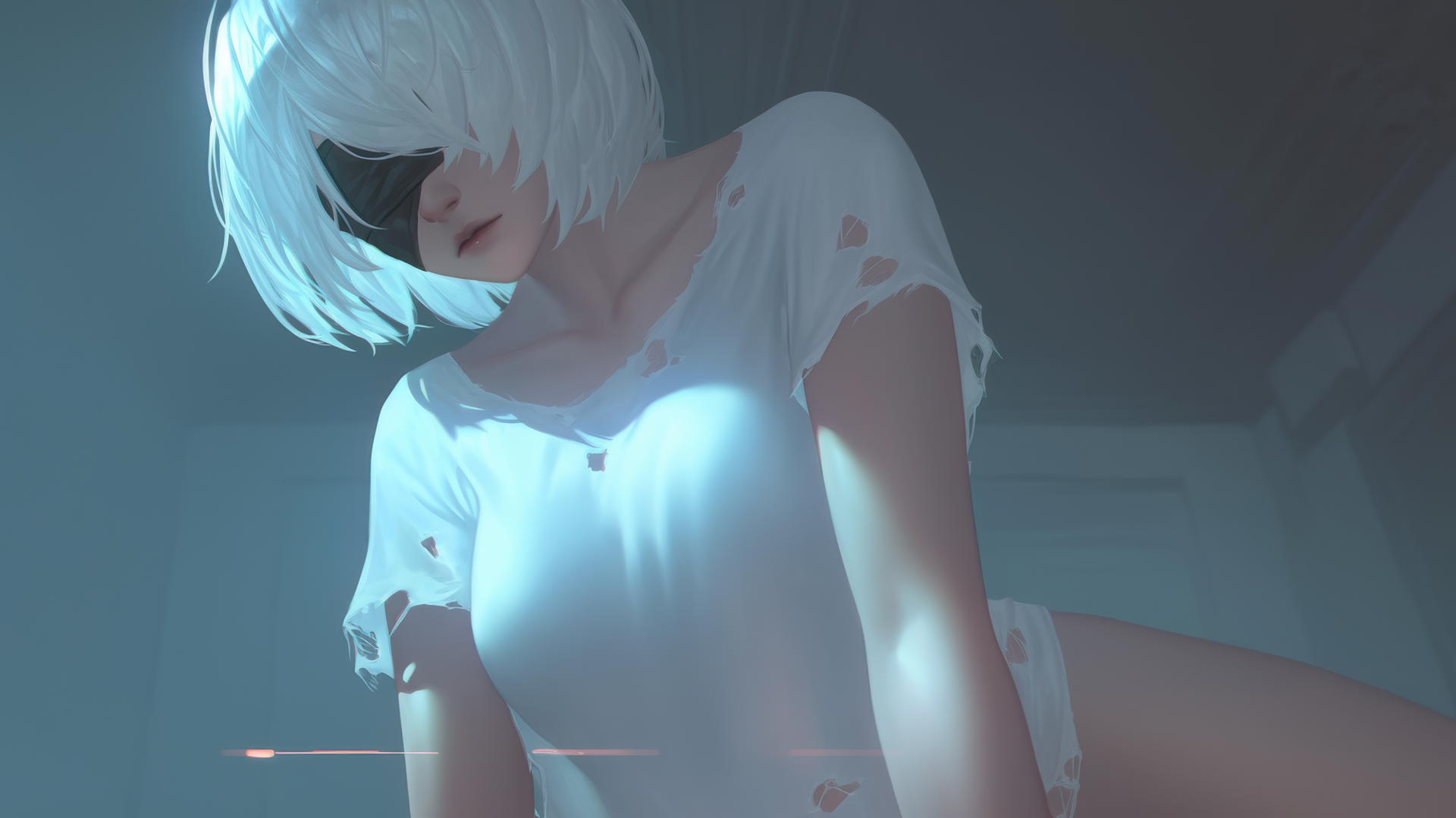 2B from Nier in a broken white t-shirt with a blindfold, kneeling and looking down under a neon-lit hotel ceiling.