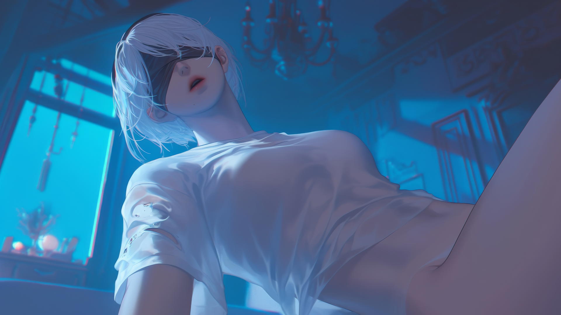 2B from Nier, wearing a broken white t-shirt and blindfold, howling under a neon-lit hotel ceiling.
