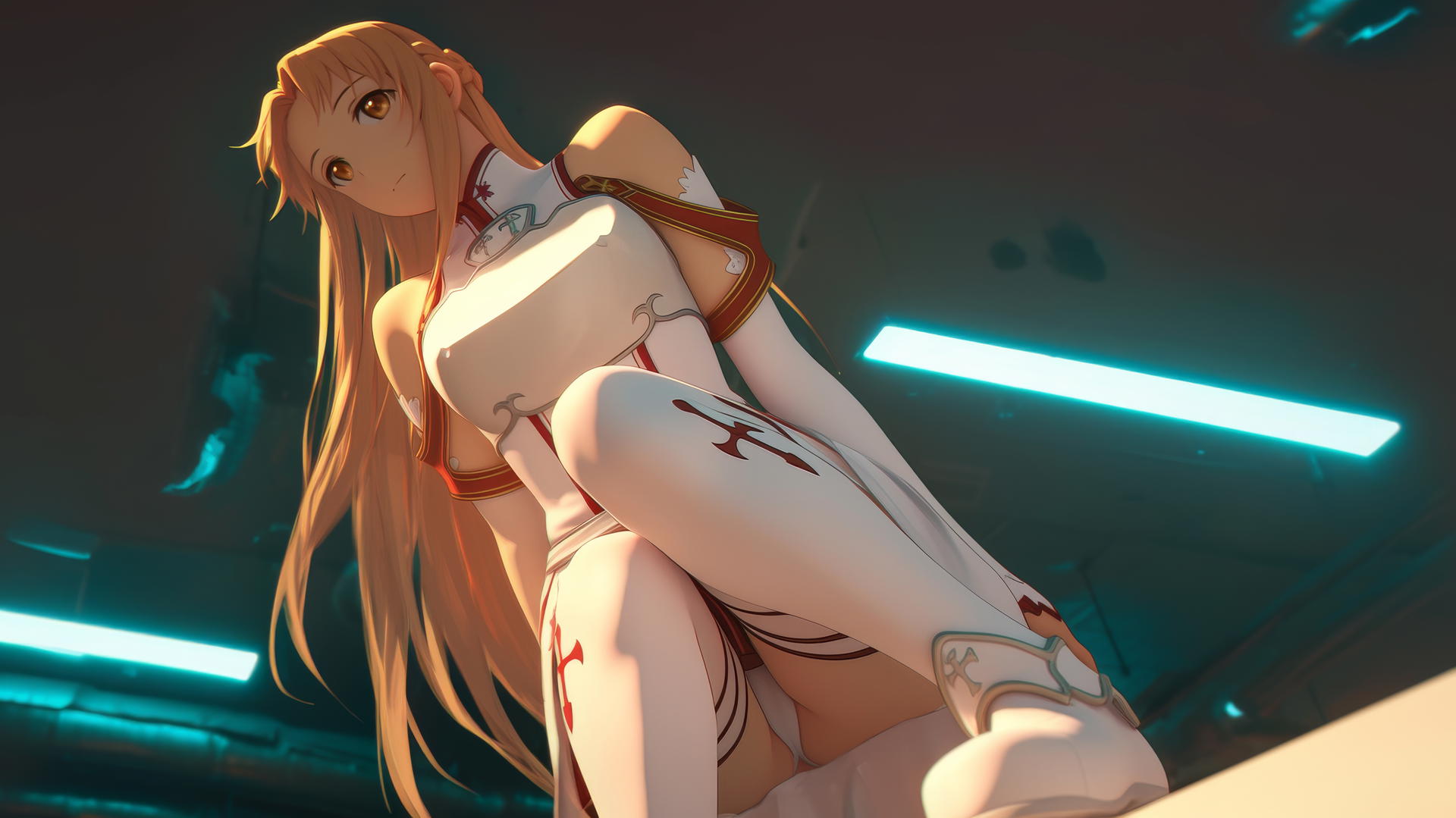 Asuna from Sword Art Online leaning towards the viewer under a hotel ceiling with neon lights casting a soft glow, seen from below.