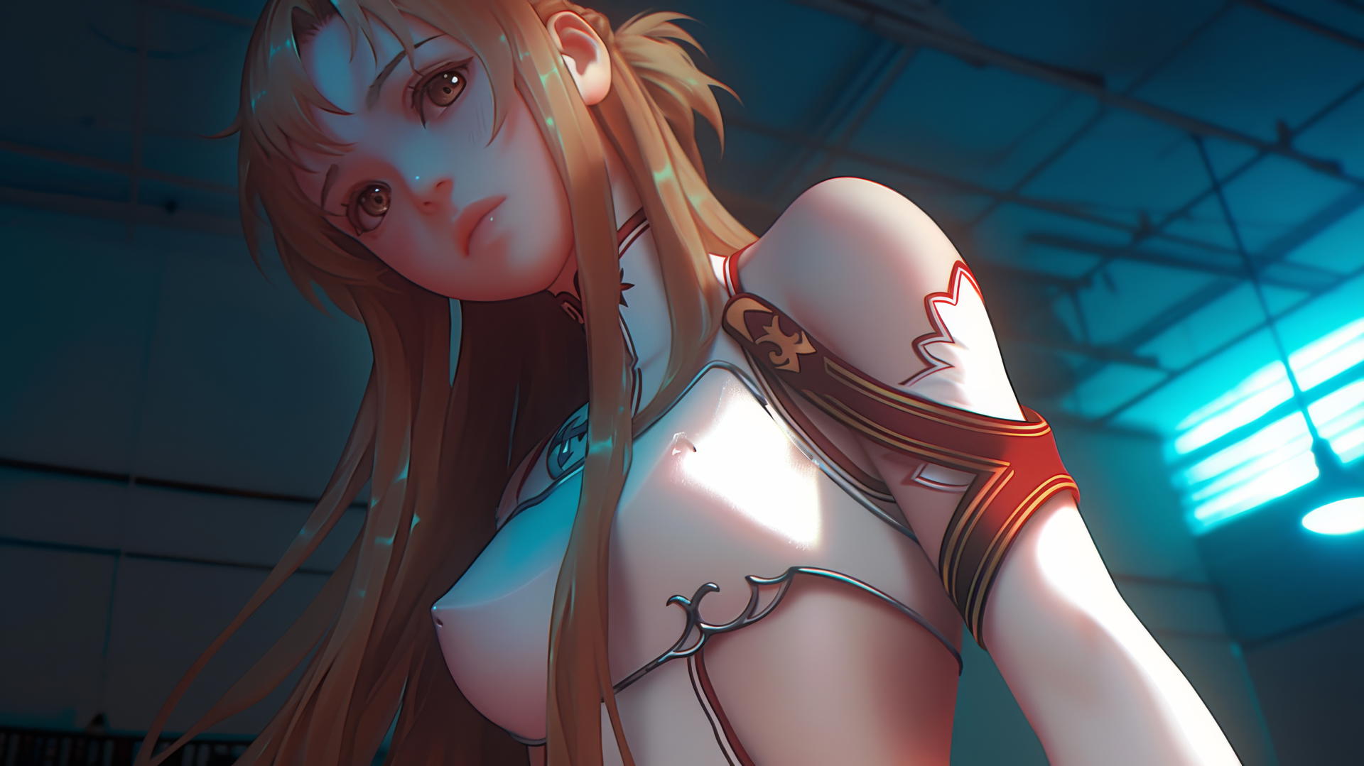 Asuna from Sword Art Online, kneeling, seen from below, with a hotel ceiling background.