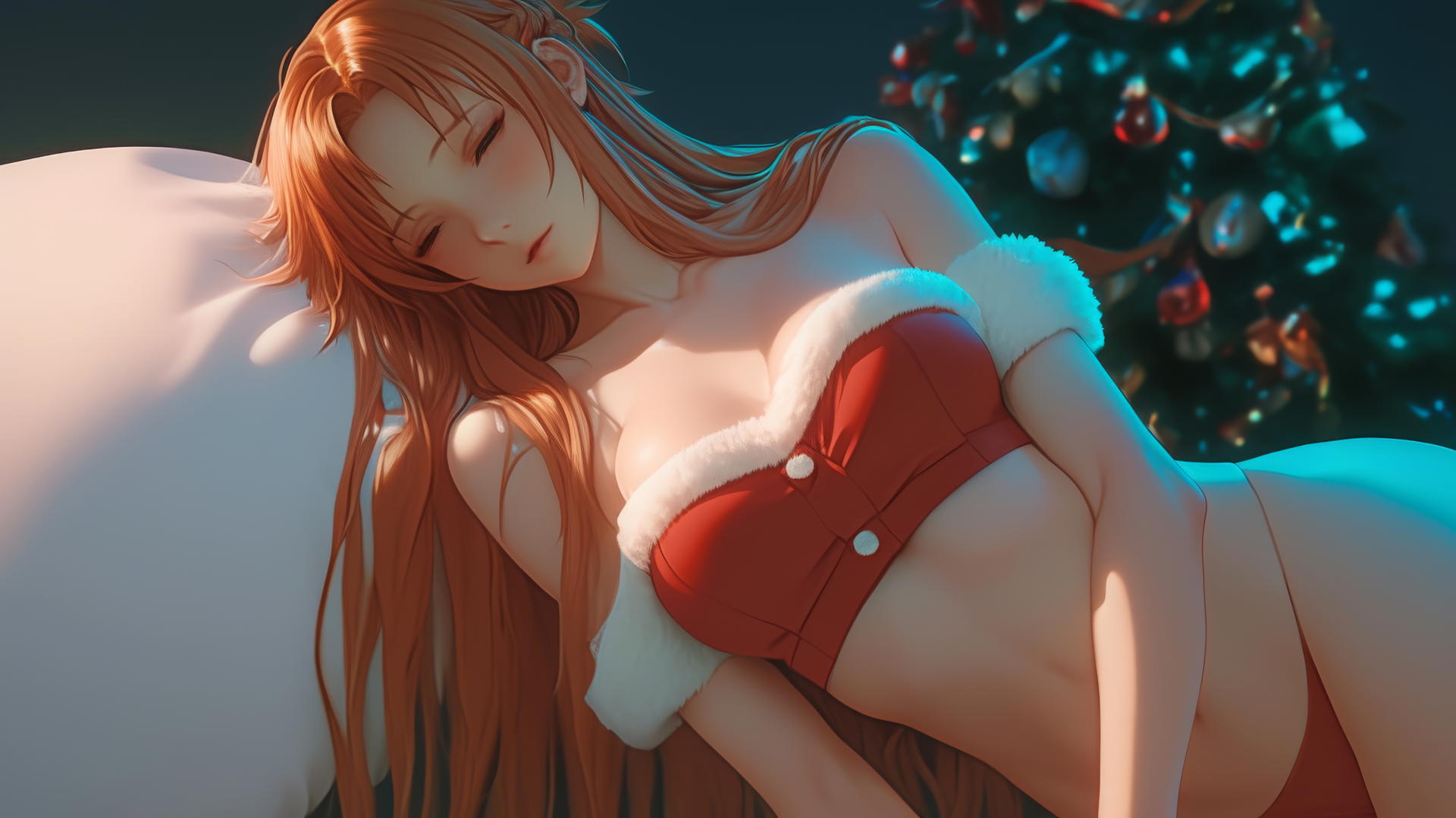 Asuna from Sword Art Online in Christmas-themed hotel with neon lights