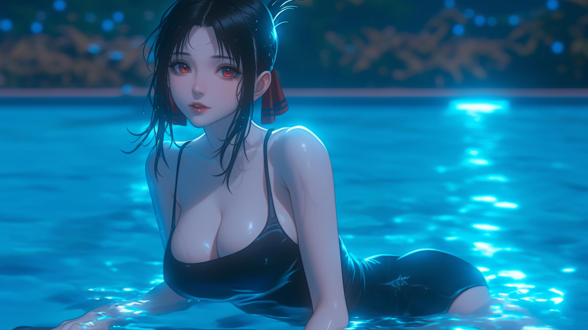 Kaguya Shinomiya with red eyes resting by the pool under moonlight