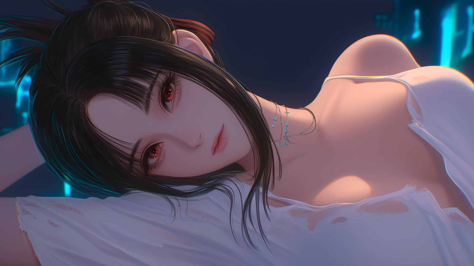Kaguya Shinomiya with red eyes, in a worn-out white shirt, kneeling under warm neon light.