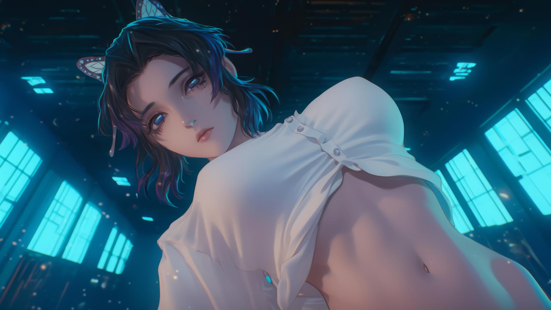 Shinobu Kocho from Demon Slayer, seen from below with broken white t-shirt, warm light