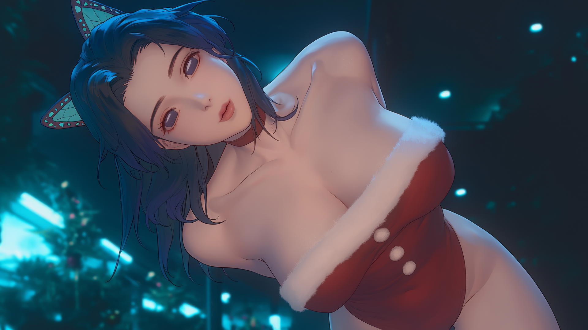 Shinobu Kocho from Demon Slayer in Christmas attire, seen from below, with hotel ceiling background.