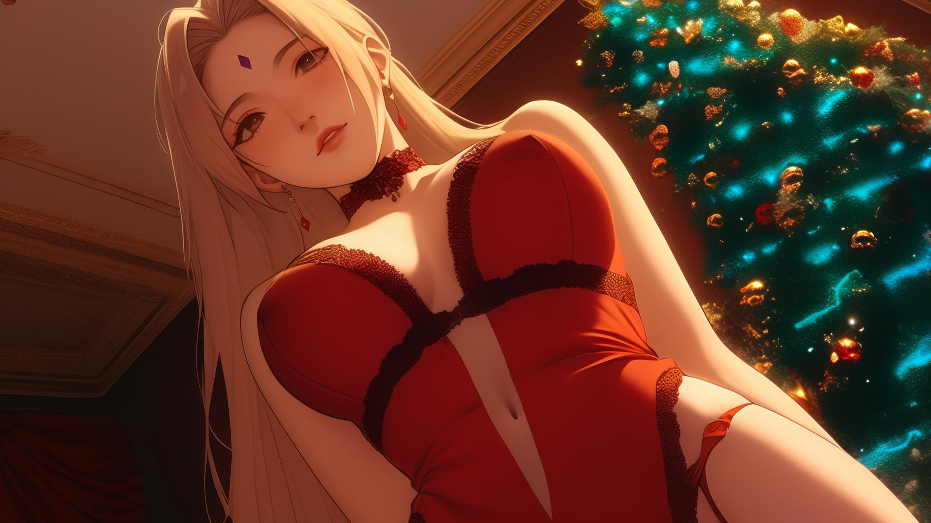 Tsunade from Naruto in Christmas attire kneels, leaning with warm neon lights behind.