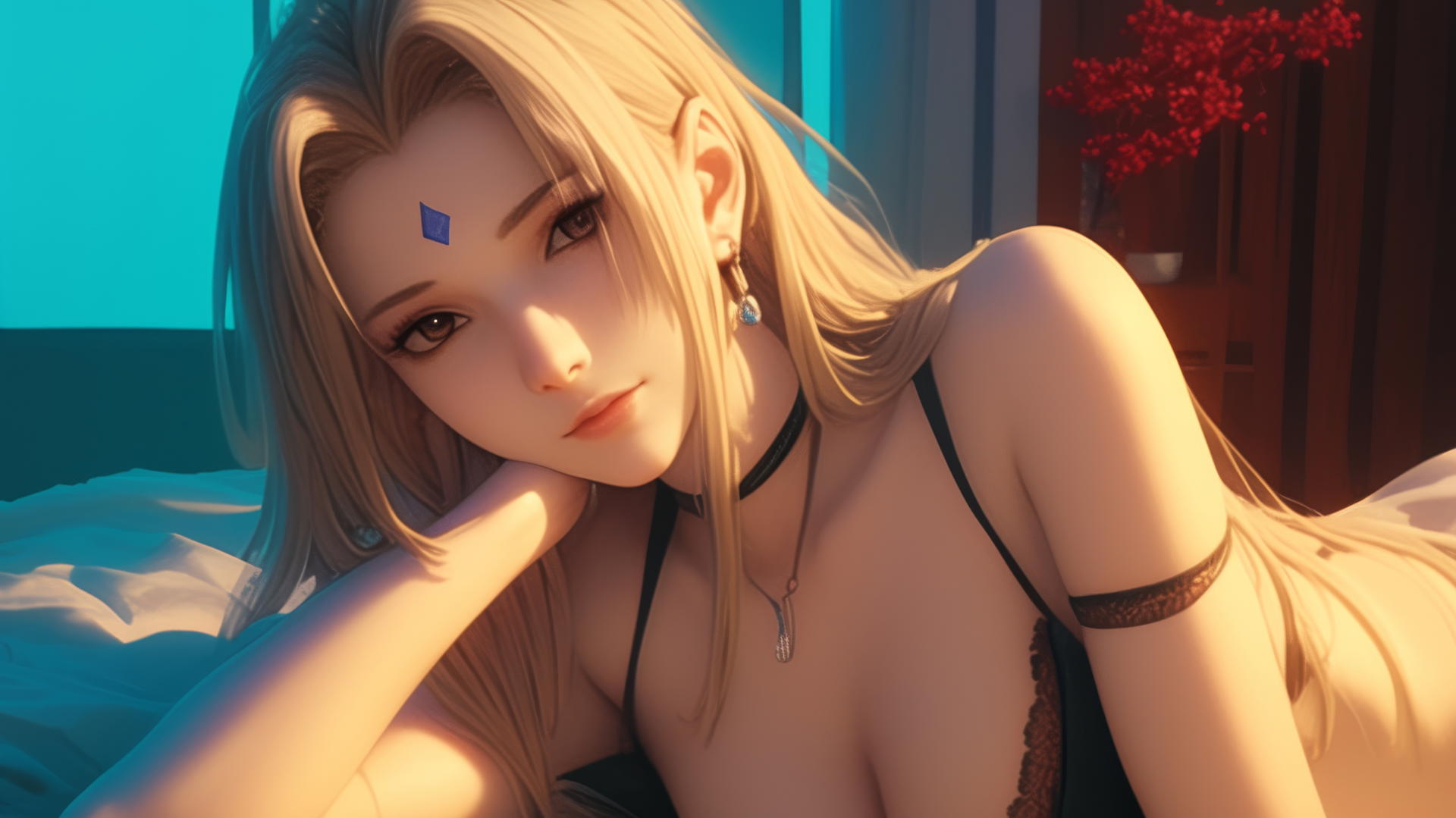 Tsunade from Naruto resting in a modern hotel room with neon light glow