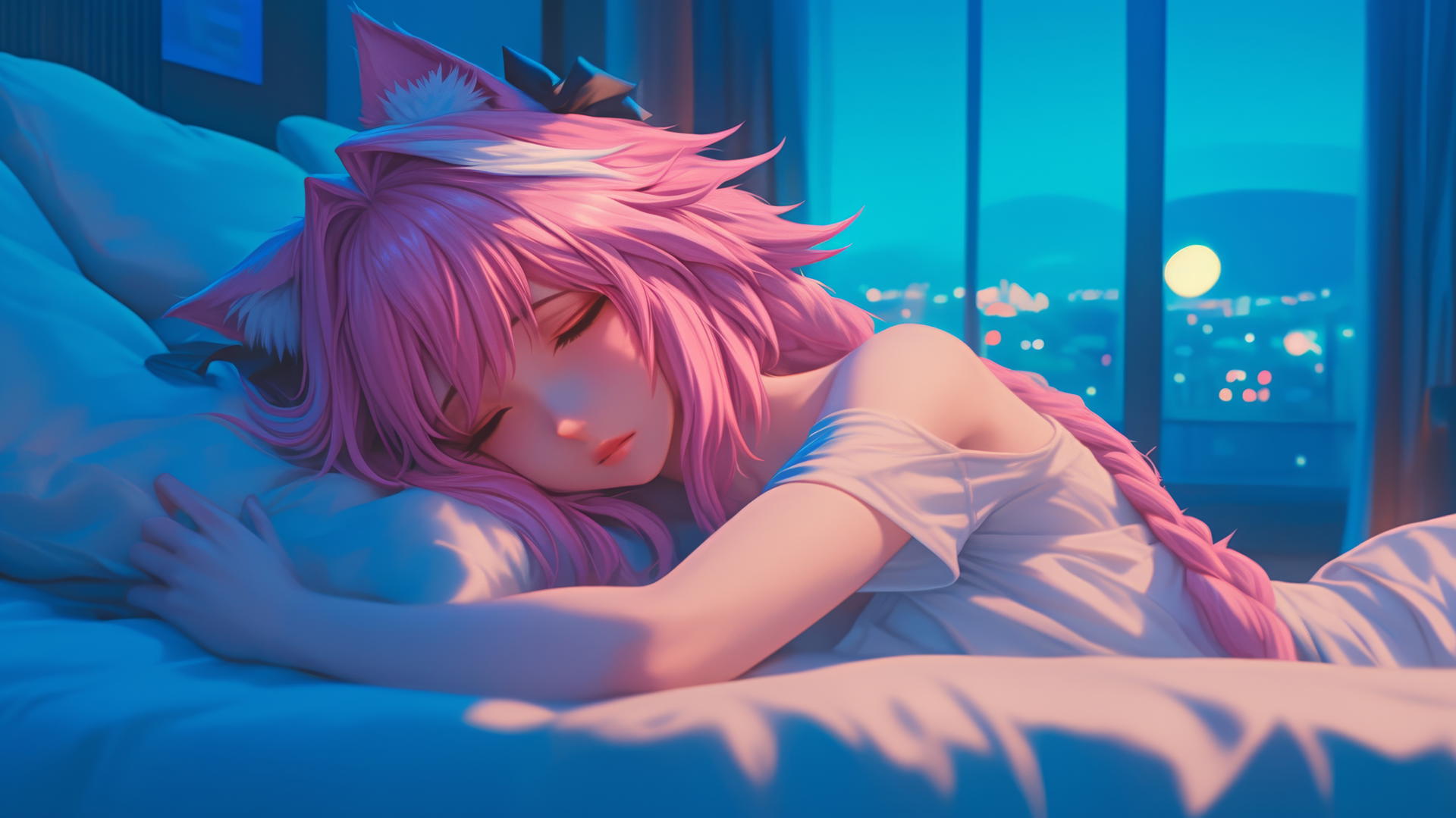 Astolfo from Type Moon resting by moonlit window in a modern hotel room.