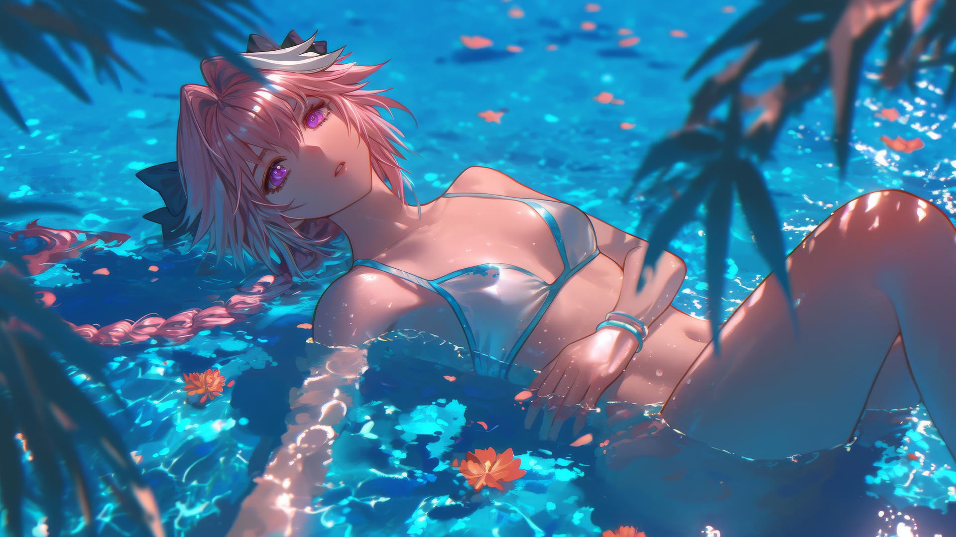 Astolfo from Type Moon resting by a swimming pool under moonlight.