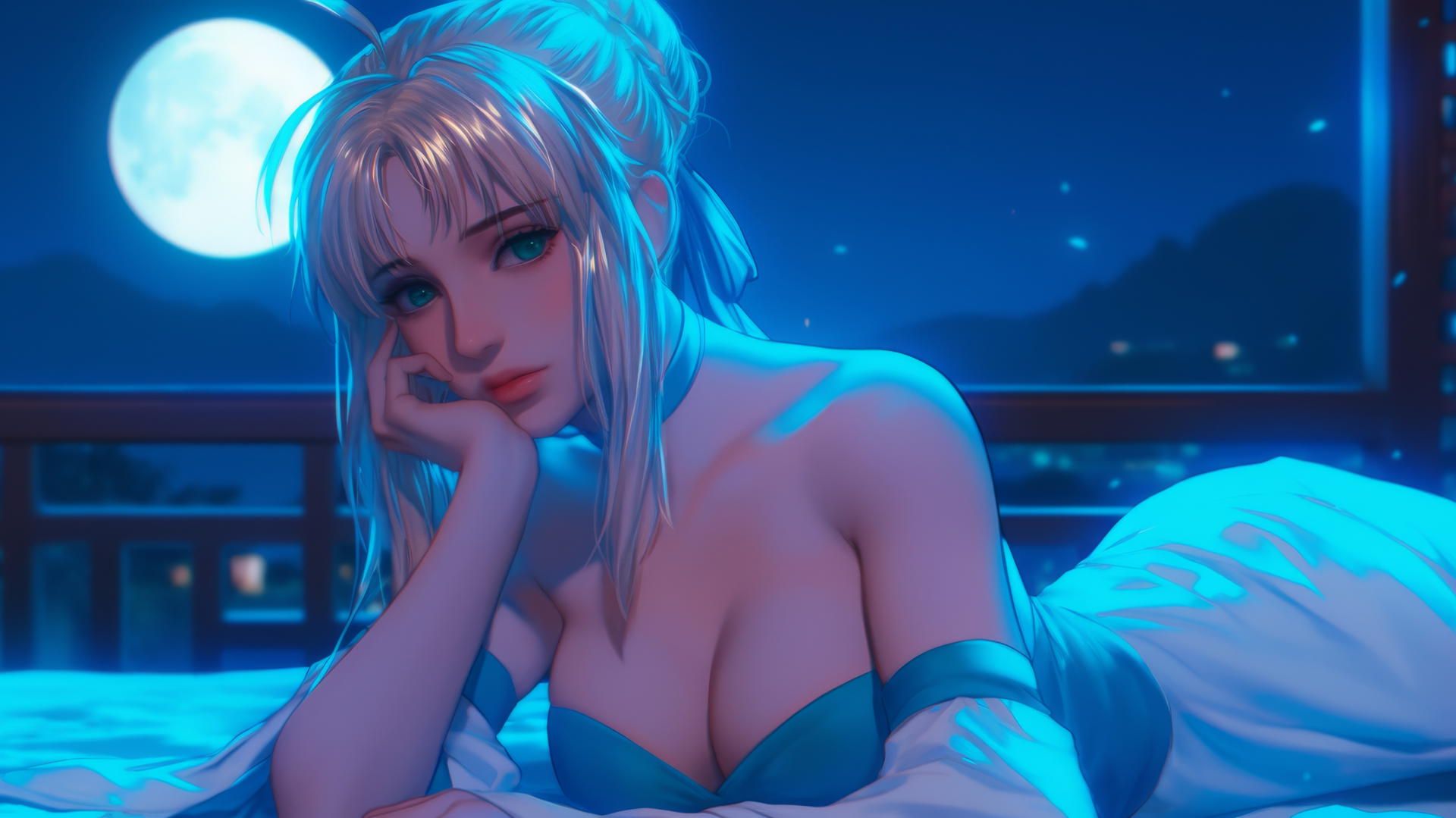 Saber from Fate Zero with green eyes resting in a modern hotel room with moonlight glow