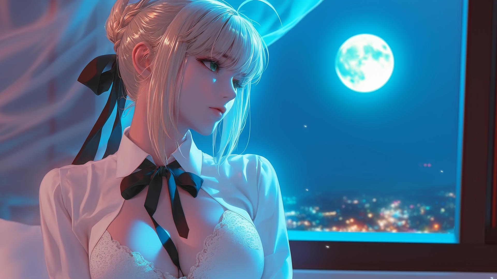 Saber from Fate Zero with green eyes, relaxing in a modern hotel room under the moonlight.