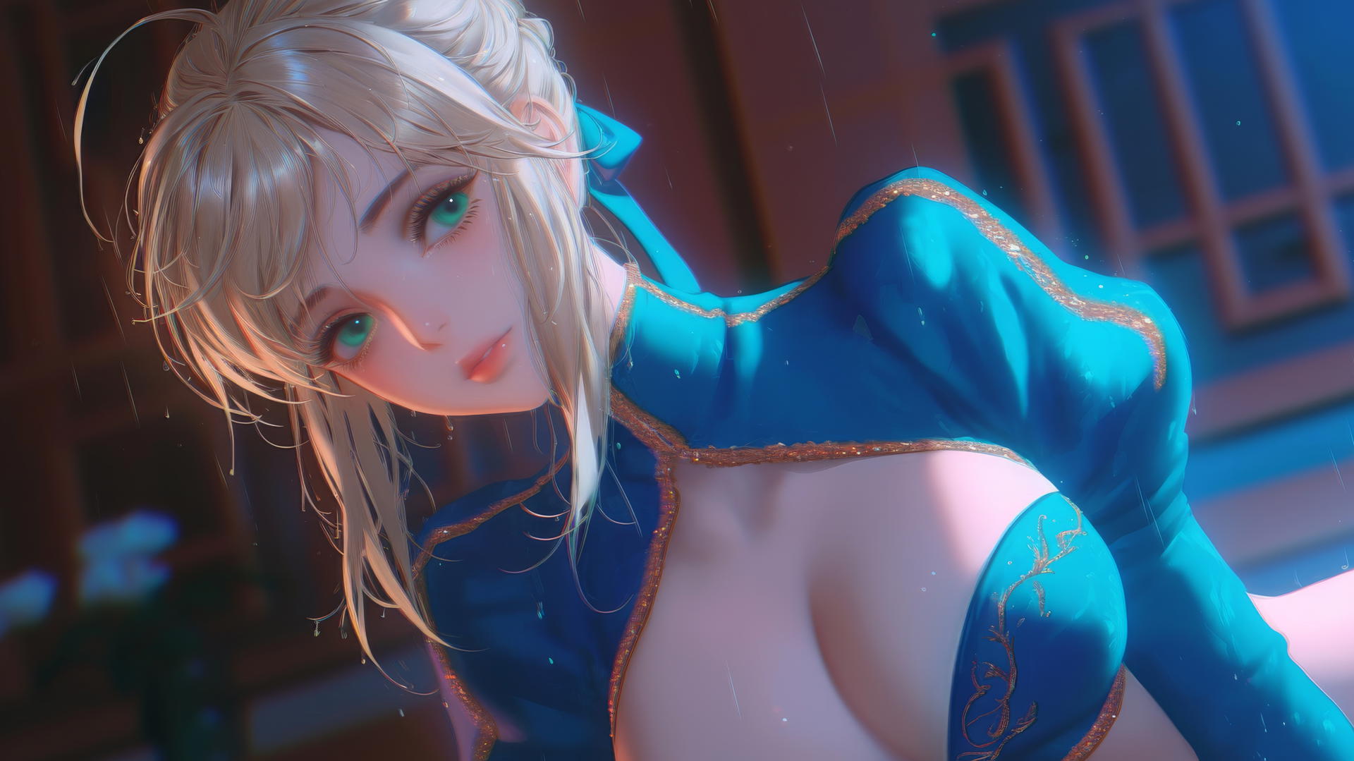 Saber from Fate Zero kneeling and leaning with warm light and ceiling background