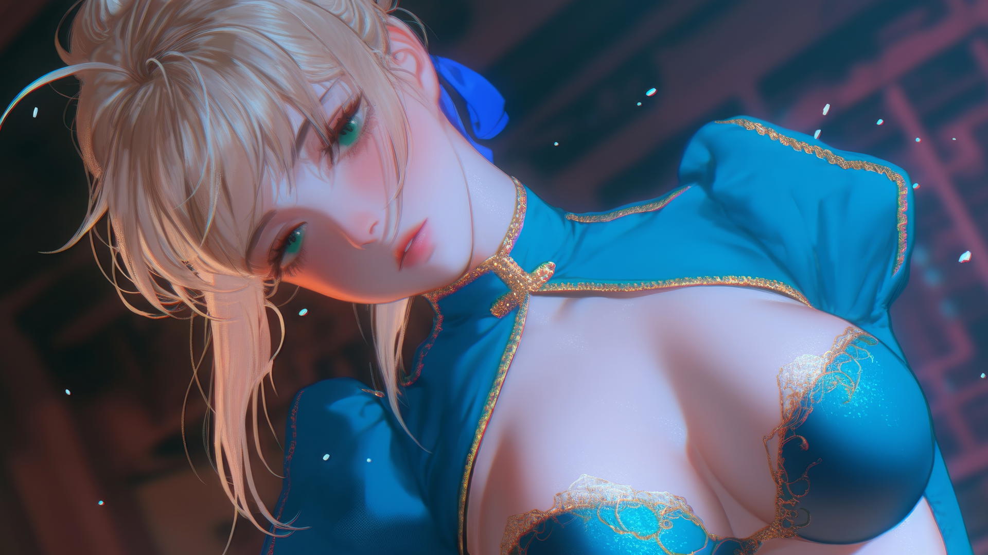 Saber from Fate Zero kneeling and leaning, seen from below with green eyes