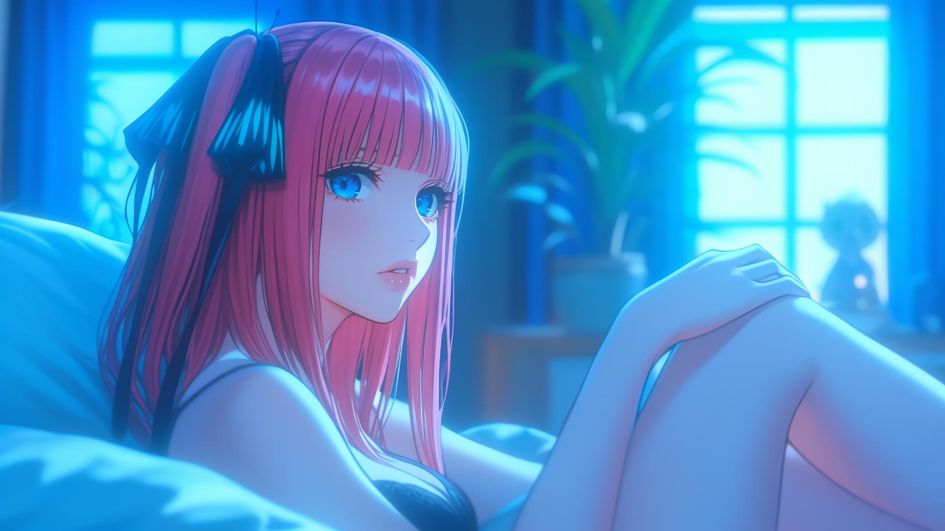 Nino Nakano resting in a modern hotel room with moonlight casting a soft glow