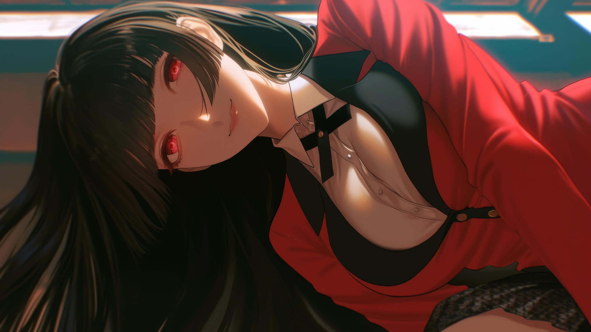 Yumeko Jabami kneeling and leaning towards viewer with warm light and ceiling background