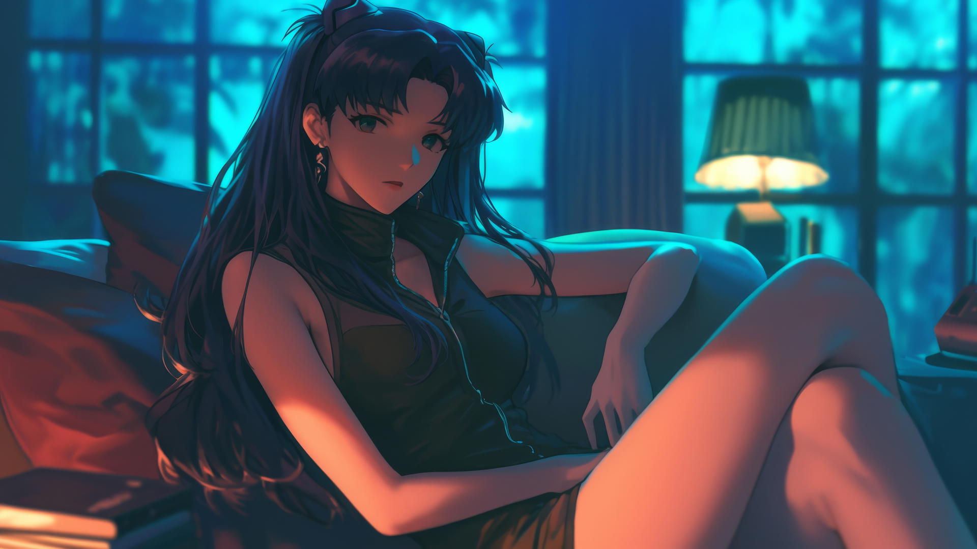 Misato Katsuragi from Neon Genesis Evangelion resting in a moonlit hotel room