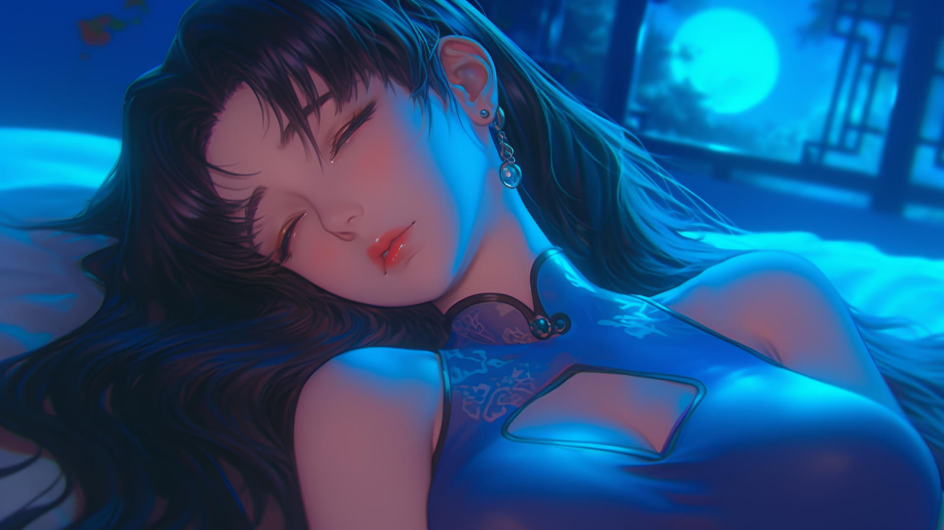 Misato Katsuragi with wavy dark violet hair resting in a modern hotel room under moonlight