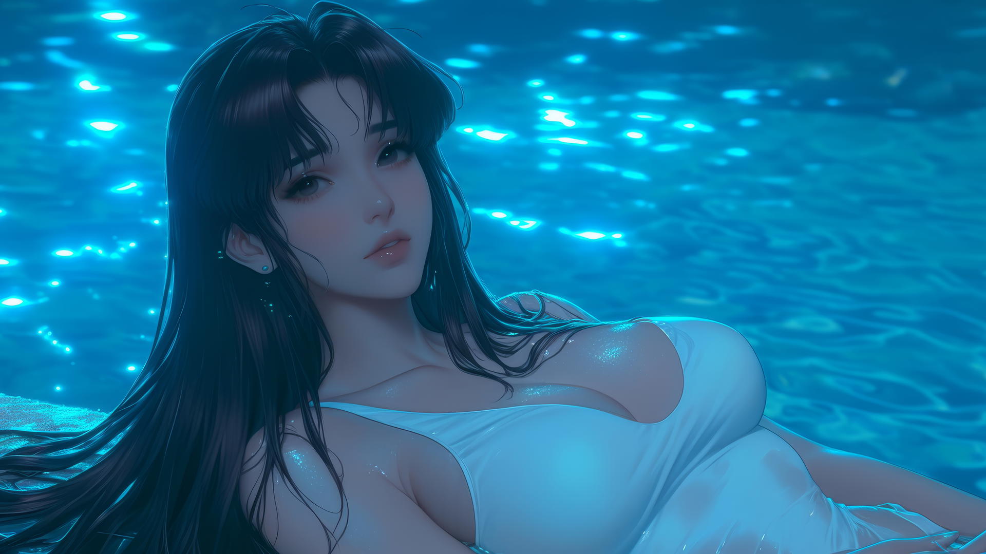 Misato Katsuragi, with wavy violet hair and dark brown eyes, relaxing by a moonlit pool.