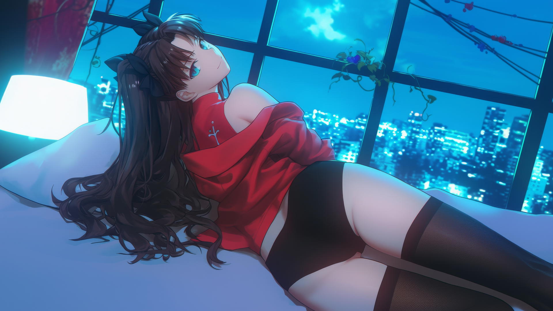 Rin Tohsaka lying leisurely in modern hotel room with moonlight on her back and legs