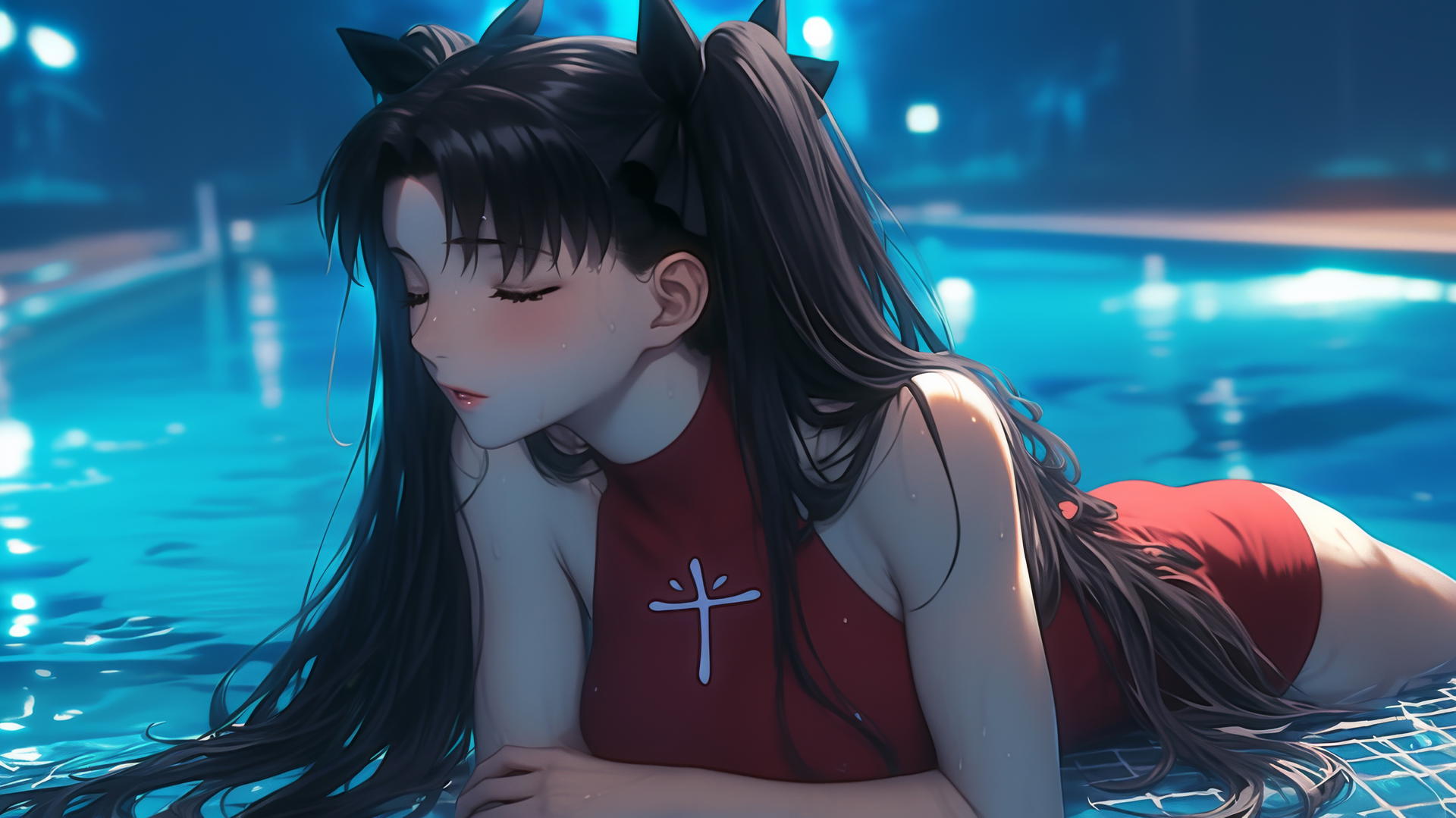Rin Tohsaka from Fate/stay night resting in a swimming pool under moonlight