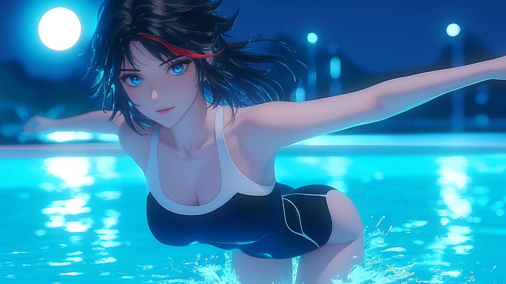 Ryuko Matoi with black hair and a red streak, blue eyes with gear-shaped pupils, jumping out of a swimming pool under moonlight.